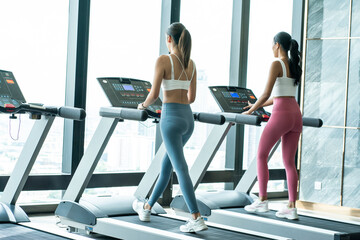 Two beautiful Asian friends exercise together in sportswear, walk and run on the treadmill in the...