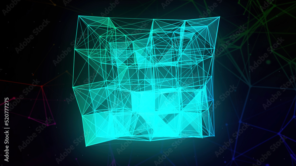 Poster artificial intelligence creating blue gradient plexus cubic 3d figure. motion. glowing beautiful tra