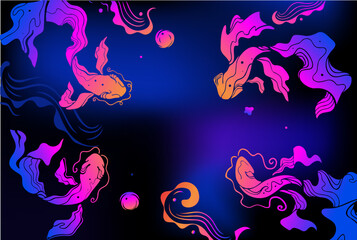 Japanese fish abstract vector design silhouette. Fish  seaweed. Water bubble hand drawn.Waves background gradient cosmic.Mystic animal