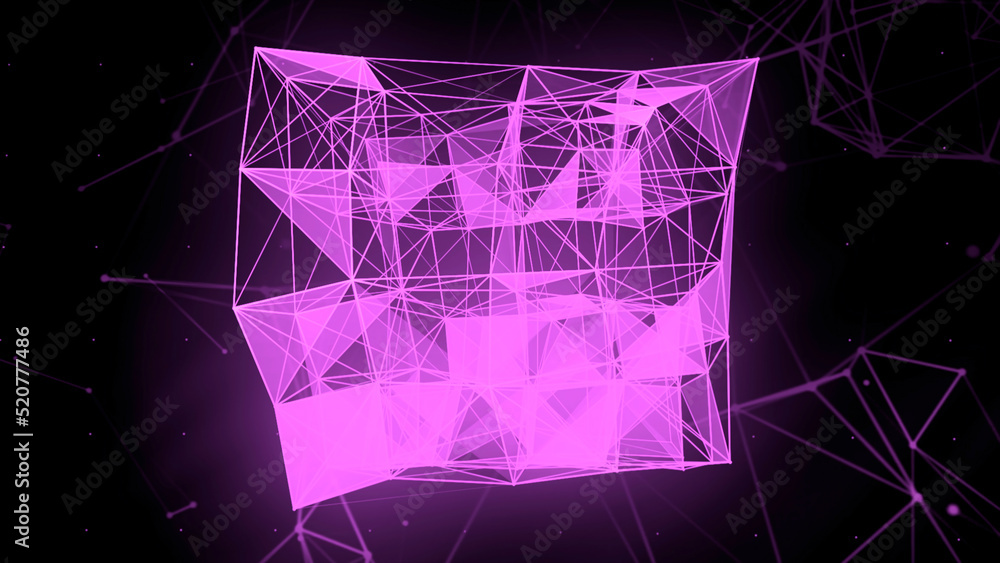 Poster digital plexus of glowing lines and dots of neon purple color. motion. network or connection concept