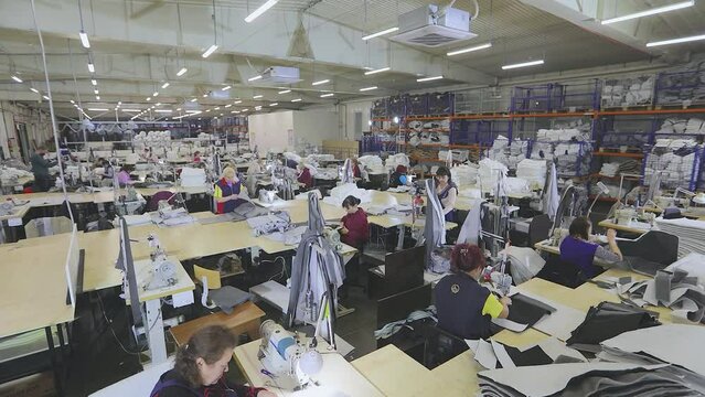 There are many seamstresses in the workshop timelapse. Large sewing production timelapse. Garment factory interior. Women in the sewing industry