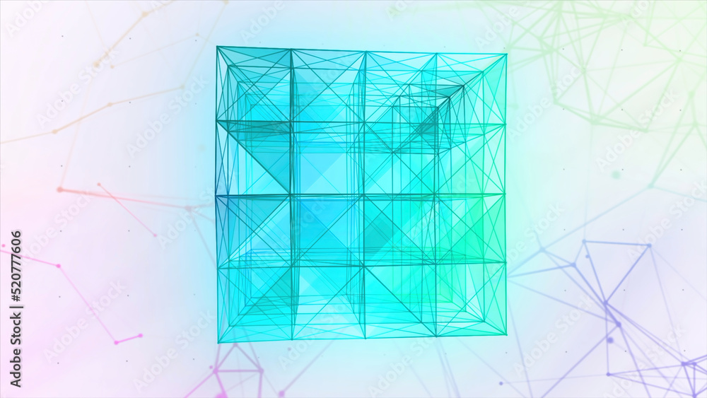 Poster artificial intelligence creating blue gradient plexus cubic 3d figure. motion. glowing beautiful tra