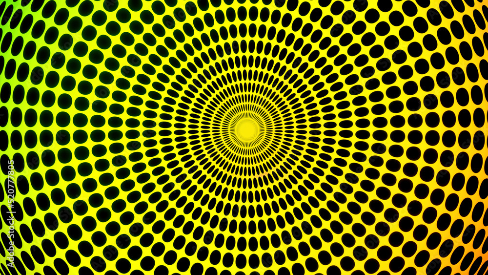 Poster hypnotic abstract animated colorful rays of small squares moving and blinking around the circle. des
