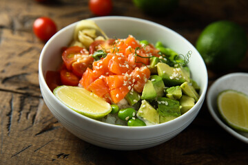 Homemade salmon poke with avocado