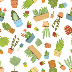 Flower pots with plants arranged randomly. Vector 
seamless pattern. Flat simple cartoon illustration for 
wallpaper, wrapping and more
