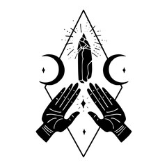 Black silhouette of witch hands with crescent moons, stars and crystal in rhombus frame. Mystic celestial scene. © akini