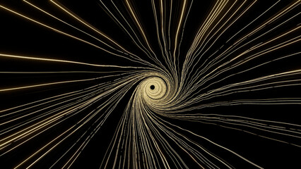 Flight over dark space, cyberspace wormhole, sci fi space travel. Design. Spiral shaped moving strings, seamless loop.