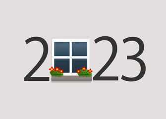 Happy new year 2023. 2023 with window on isolated background
