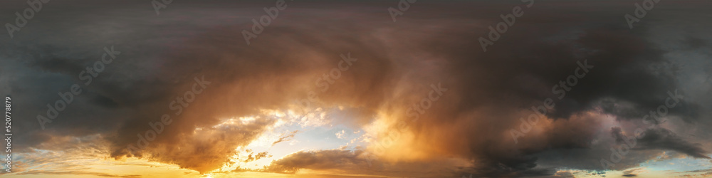 Wall mural dramatic sunset sky panorama with cumulus clouds. seamless hdr 360 pano in spherical equirectangular