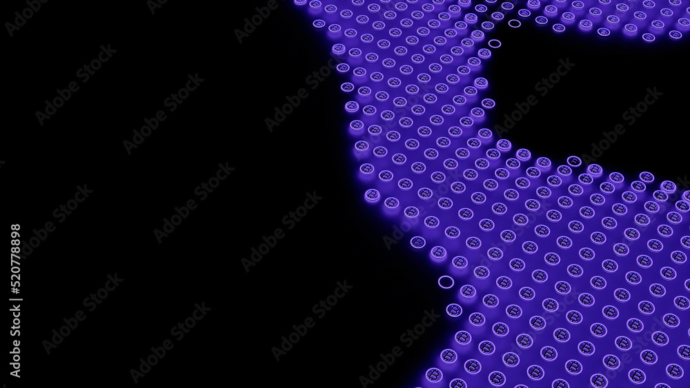 Poster abstract unusual spinning field of tiny bitcoin icons isolated on a black background, seamless loop.