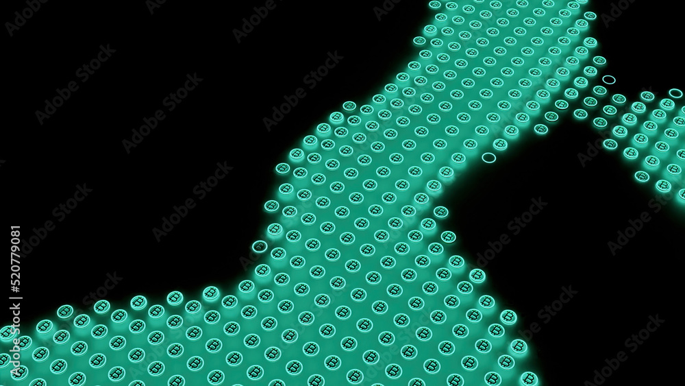 Poster abstract unusual spinning field of tiny bitcoin icons isolated on a black background, seamless loop.