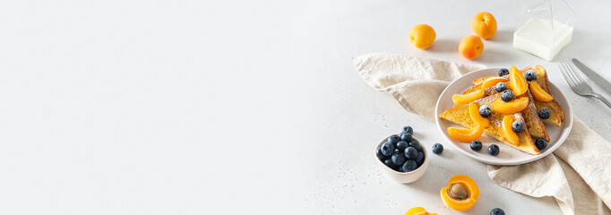 Traditional french toasts with cinnamon, blueberries and apricots banner. Healthy recipe. Homemade toasts and berries on white table. Bakery, restaurant web line. Breakfast menu banner. Copy space