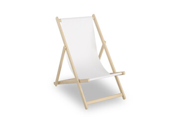 Folding blank wooden deckchair or beach chair mock up on isolated white background, 3d rendering