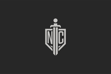 Letter NC logo with shield and sword icon design in geometric style