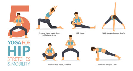 Fototapeta premium 5 Yoga poses or asana posture for workout in hip stretch concept. Women exercising for body stretching. Fitness infographic. Flat cartoon vector