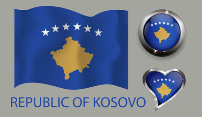  set nation Kosovo flag glossy button heart