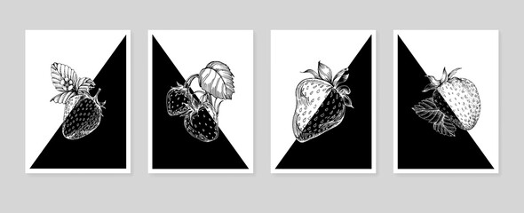 Fototapeta premium Set of Abstract Strawberry Hand Painted Illustrations for Wall Decoration, minimalist flower in sketch style. Postcard, Social Media Banner, Brochure Cover Design Background. Modern Abstract Artwork.