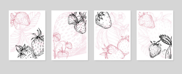 Set of Abstract Strawberry Hand Painted Illustrations for Wall Decoration, minimalist flower in sketch style. Postcard, Social Media Banner, Brochure Cover Design Background. Modern Abstract Artwork.