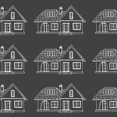 Seamless Pattern of white color Houses illustration on black background