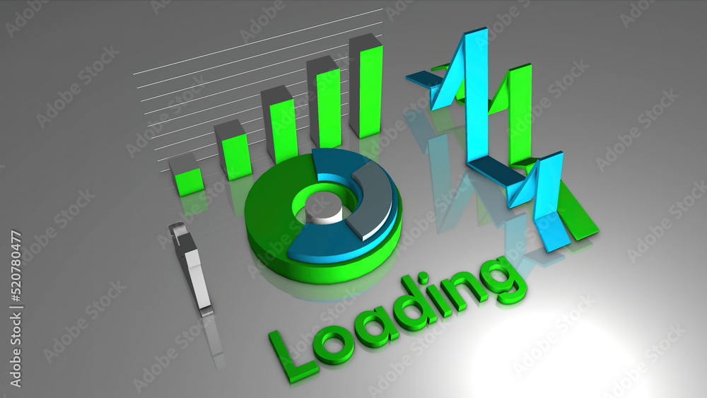 Poster abstract graphs and loading inscription. motion. round shaped diagram surrounded by graphics and a w