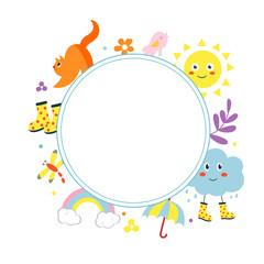 Colorful background for kids. Frame with many cute characters. illustration.