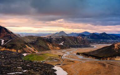 Scenery from Blahnjukur trail with volcanic mountain and lava field in Icelandic highlands on Landmannalaugar at Iceland