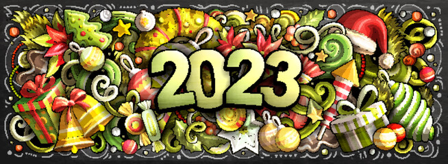 Fototapeta premium 2023 doodles horizontal illustration. New Year objects and elements poster
