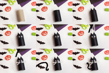 Step by step photo instruction Halloween craft. Handmade decoration cat from toilet paper roll. Reuse concept
