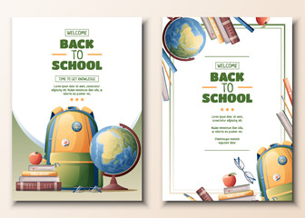 Set of flyer template with school backpack, globe and textbooks. School time, back to school, education. Flyer, poster, banner size a 4.