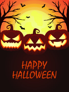 Happy halloween with scary pumpkins, bats on orange moon background. Vector illustration