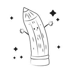 Cute pencil happy to see you. Illustration in outline doodle style.