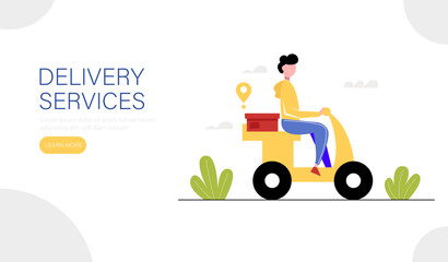 Delivery service landing page template. Courier riding a scooter with a parcel in the city. Vector illustration.