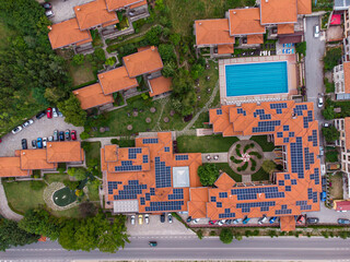 Aerial view on hotel with swimming pool in the mountains, Devin Bulgaria