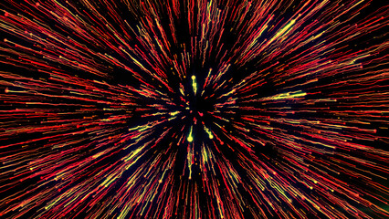 Colorful fireworks animation on a black background. Motion. Yellow and red exploding fireworks in the night sky.
