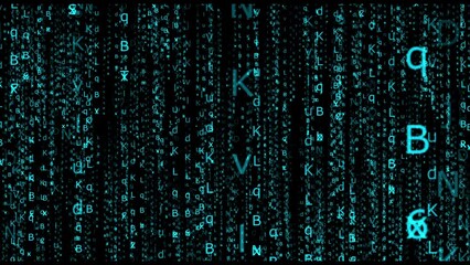 Looping Matrix style alphabet code rain effect. light blue color with black background 