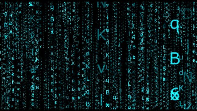 Looping Matrix style alphabet code rain effect. light blue color with black background 