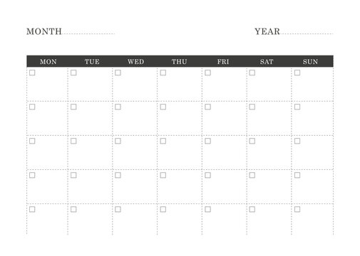 Monthly planner calendar template. Simple printable to do list. Business organizer page. Paper sheet. Realistic vector illustration. A4 and US Letter Ai, RGB/CMYK