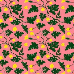 Watermelon leaves and yellow flowers seamless pattern. Botanical vector illustration for wallpaper, wrapping paper, textile, fabric, print