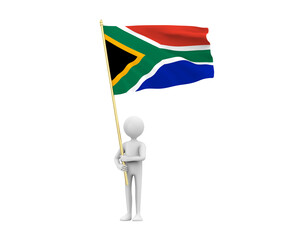 3D Illustration of a cartoon  man holding the Flag of South Africa