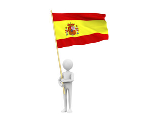 3D Illustration of a cartoon  man holding the national flag of Spain