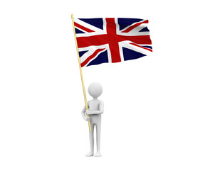 3D Illustration of a cartoon man holding a UK flag