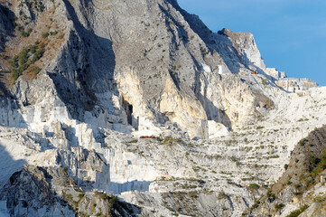 Quarries above the town of Carrara in the famous Carrara marble region of the Apuan Alps limestone mountains of Tuscany, Italy