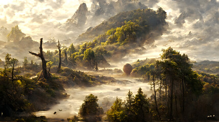 Fototapeta premium Artistic conception of beautiful landscape painting of nature, background illustration, tender and dreamy design.