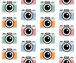 Vector seamless pattern of different color flat photo camera isolated on white background