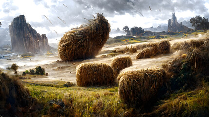 Artistic concept of painting a beautiful landscape of wild nature, with farmland such as wheat in the background. Tender and dreamy design, background illustration