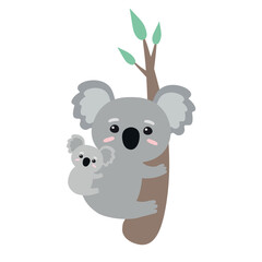 Vector flat hand drawn koala on tree branch isolated on white background