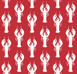 Vector seamless pattern of hand drawn lobster silhouette isolated on red background
