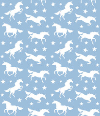 Vector seamless pattern of hand drawn flat unicorn silhouette isolated on blue background © Sweta