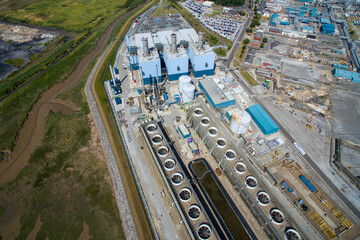 Aerial view of Gas Turbine power station Industrial water cooling system, Modern Cooling tower