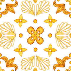 Golden seamless watercolor majolica. Hand drawn watercolor illustration of Sicilian designs on tiles. Victorian traditional patterns and azulejos.